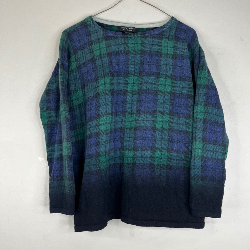 Lord & Taylor Cashmere Sweater Womens Small Green Blue Plaid Ombre Pullover S